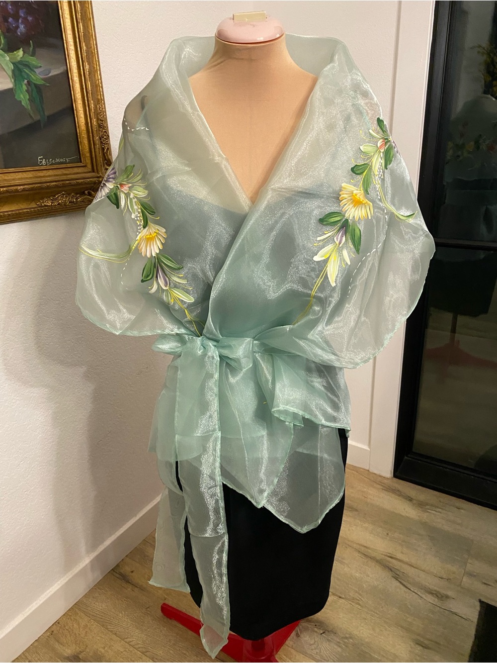 Handpainted Floral Filipiniana Pañuelo / Alampay: Light Mint Sheer Organza Wrap